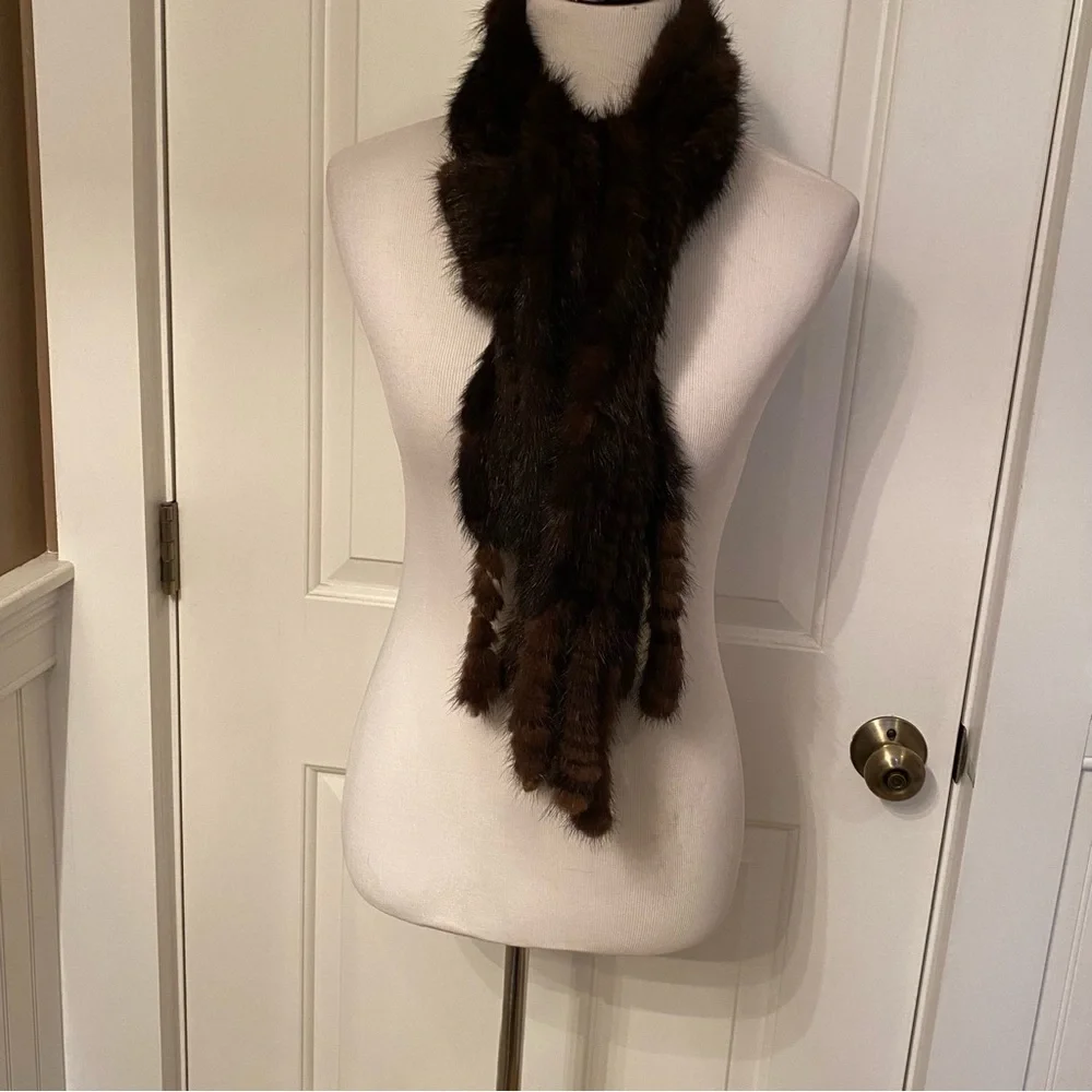 SCARF BROWN MINK FUR LONG RECTANGLE FRINGE ENDS SOFT LUXURY MOB WIFE